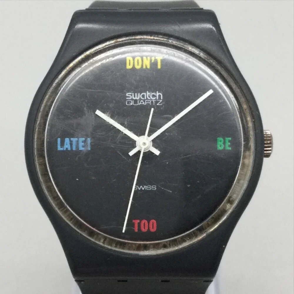 Vintage Swatch Mens Watch 33mm Black Dial Don't Be Too Late Not Running